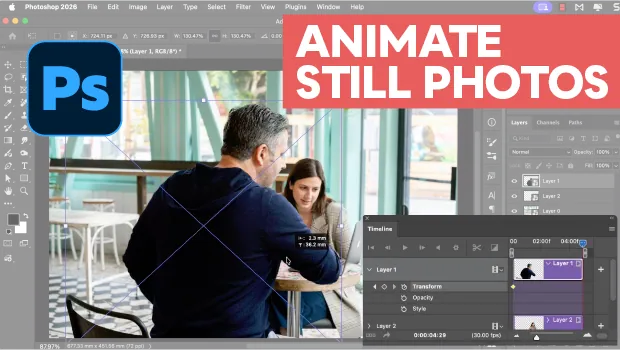 Photoshop workspace showing a photo of two people at a cafe being edited, with the Photoshop logo and a red 'ANIMATE STILL PHOTOS' banner.