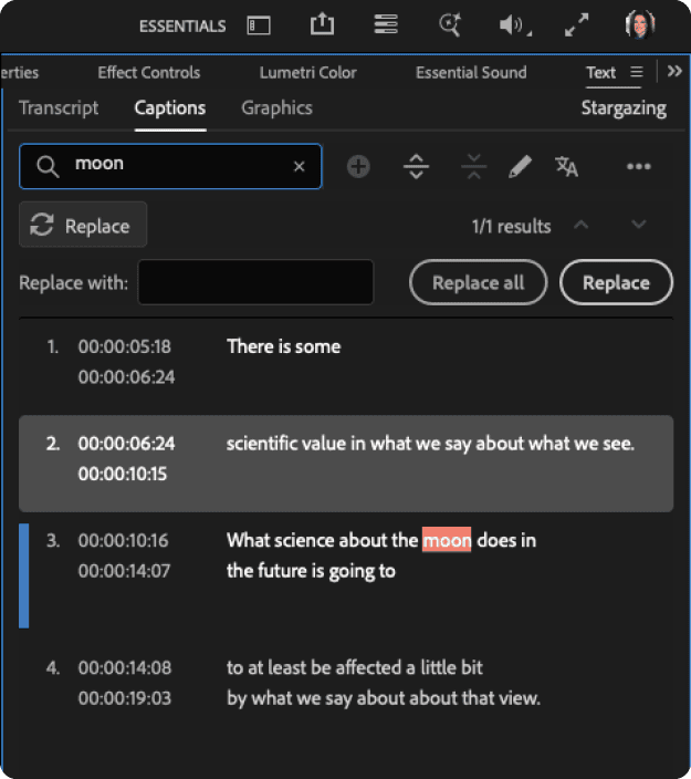 Figure 11. Search and replace words or phrases in the captions using tools in the Captions tab of the Text panel.