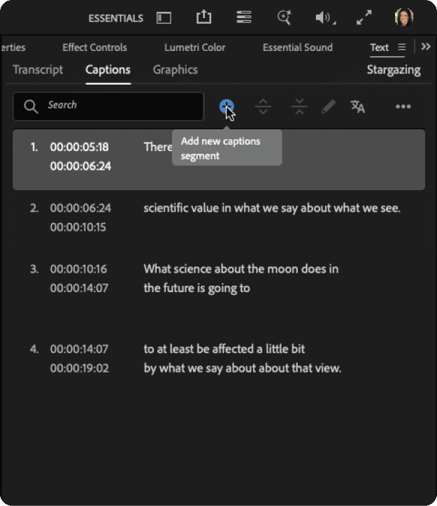 Figure 12. Add a new caption for music or sound effects by clicking the Add New Captions Segment icon.