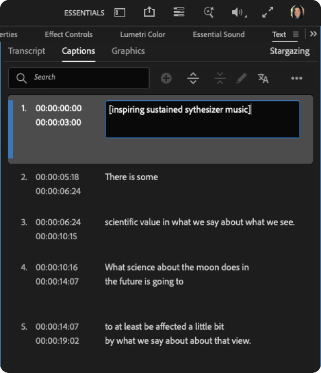 Figure 13. Captions for music and sound effects are lowercase and enclosed within brackets.