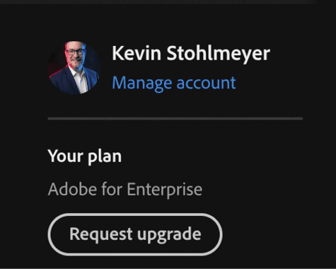 Figure 3. A standard Enterprise account lists “Adobe for Enterprise” beneath the user credentials.