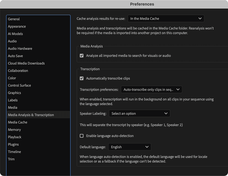 Figure 4. In Premiere’s Media & Transcription preferences, you can enable auto-transcription, choose to transcribe all clips or only those in a sequence, and specify how speakers are labeled.