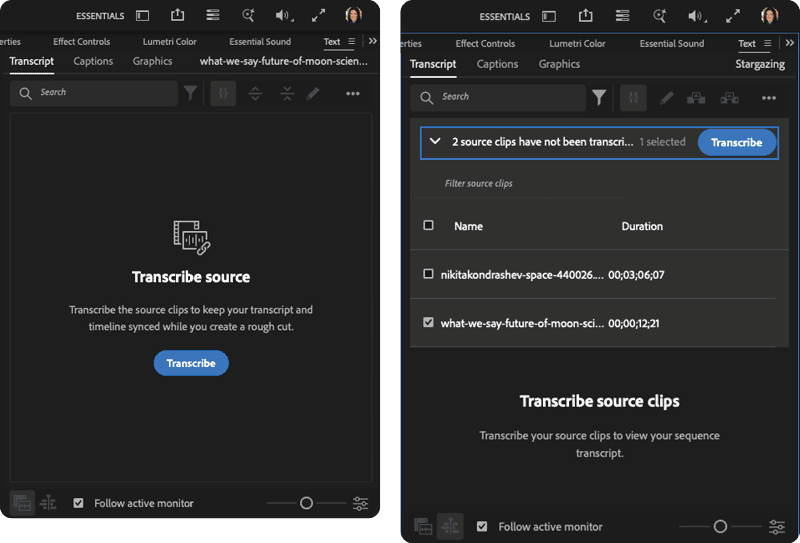 Figure 5. To manually instruct Premiere to transcribe an audio clip, select the clip from its sequence or open it in the Source Monitor, then click the Transcribe button.