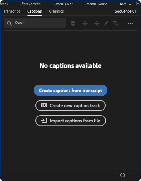 Figure 8. Convert your transcript into captions by clicking the Create Captions From Transcript button in the Captions tab of the Text panel.