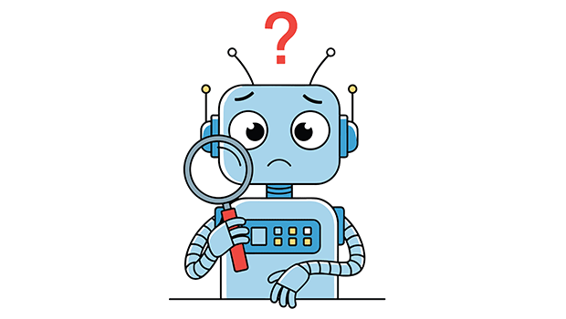 confused robot holding a magnifying glass