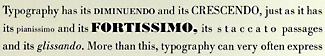 Excerpt from "A Typographic Quest" showing contrasting font designs in a body of text. 