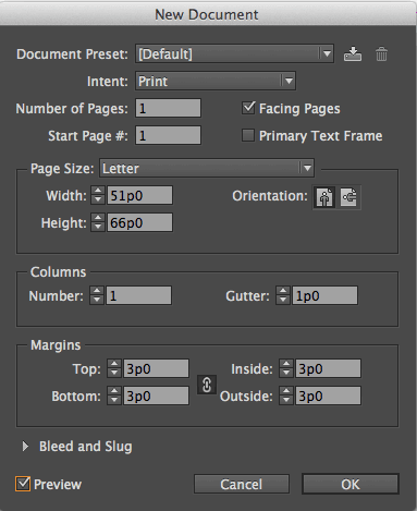 InDesign CC New Document Preview