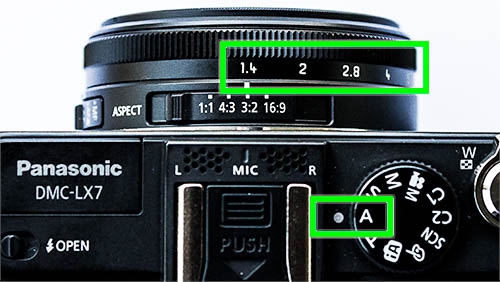 Callouts showing aperture priority control on a compact camera