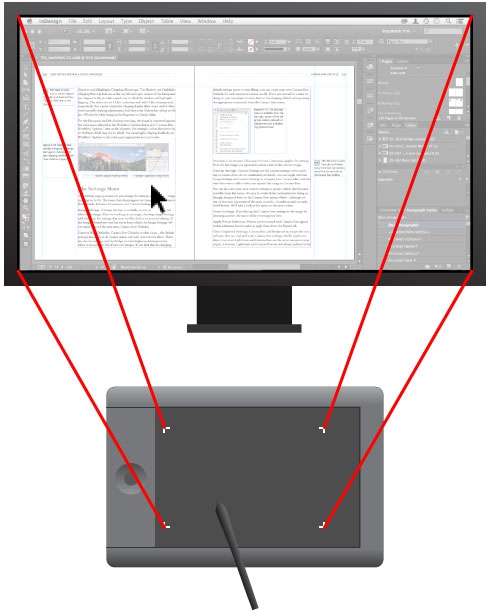 Computer display mapped onto active area of graphics tablet